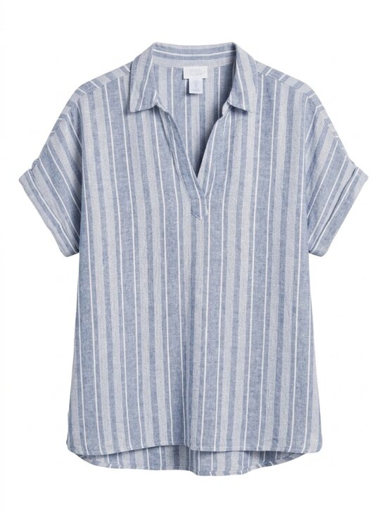 Sigrid Olsen Tops - Sigrid Olsen Blue White Striped Linen Blend Split Neck Blouse L
